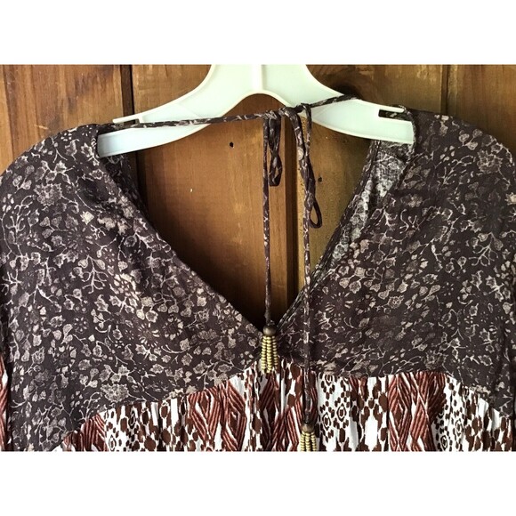 Knox Rose Top Size L Brown Batik Beaded Tassel Boho Hippie Casual Lightweight - Picture 4 of 8